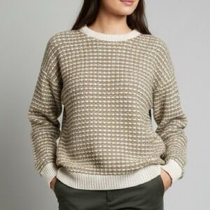 OLD GLORY Size M Crew Neck Sweater Tan White Plaid Pattern Knit Cotton Made USA